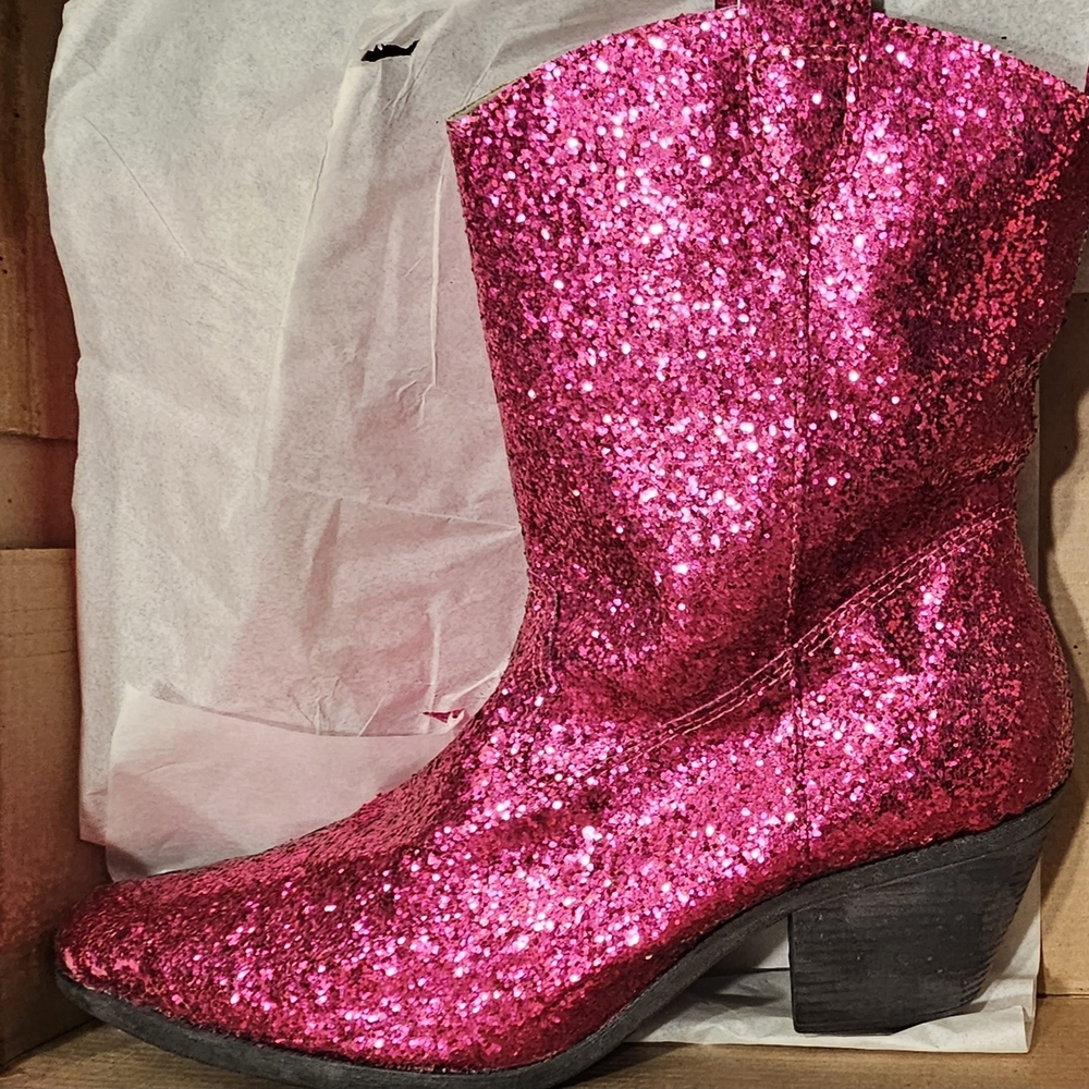 Hot Pink Glitter Western Ankle Boots - Women's Fashion Boot